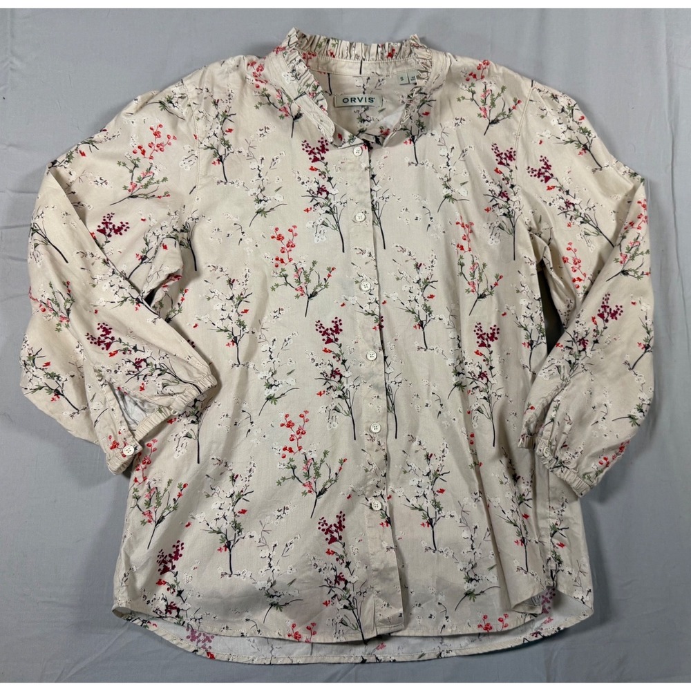 Orvis Womens Floral Cherry Blossom Ruffle Collar Cotton Button Down Shirt Small